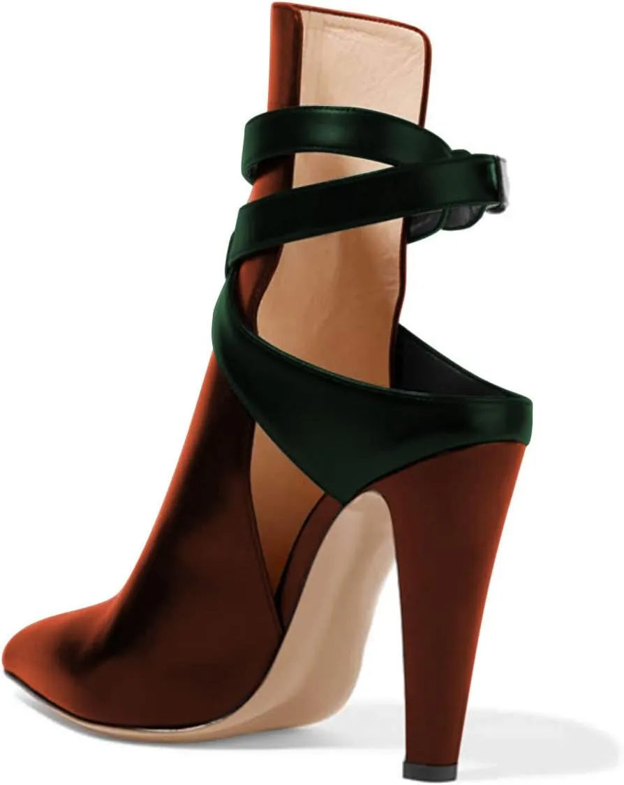 FSJ Women Pointed Toe Chunky High Heel Strappy Dress Bootie Pump Ankle Wrap Slingback Sandal Shoes Size 4-15 M US