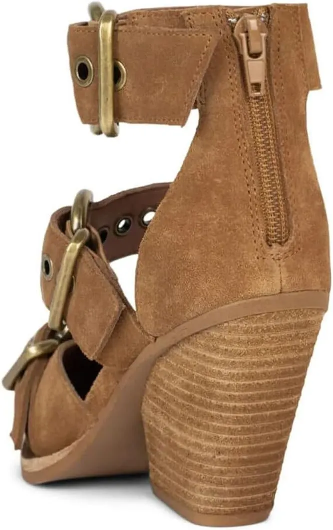 FSJ Women Pointed Toe Metal Buckle Hollow Out Leather Strappy Medium Thick Wedge Stacked Heel Sandal Zipper Fashion Pumps Shoes Size 4-16 US