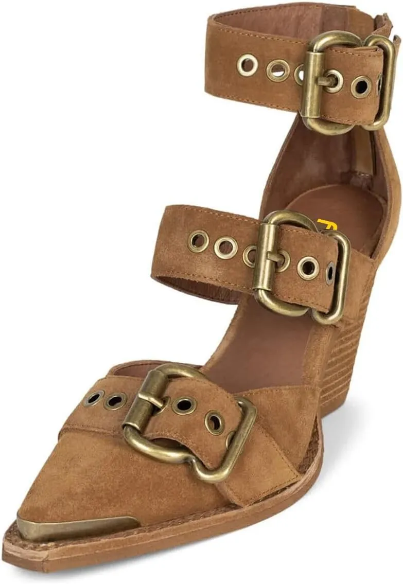 FSJ Women Pointed Toe Metal Buckle Hollow Out Leather Strappy Medium Thick Wedge Stacked Heel Sandal Zipper Fashion Pumps Shoes Size 4-16 US