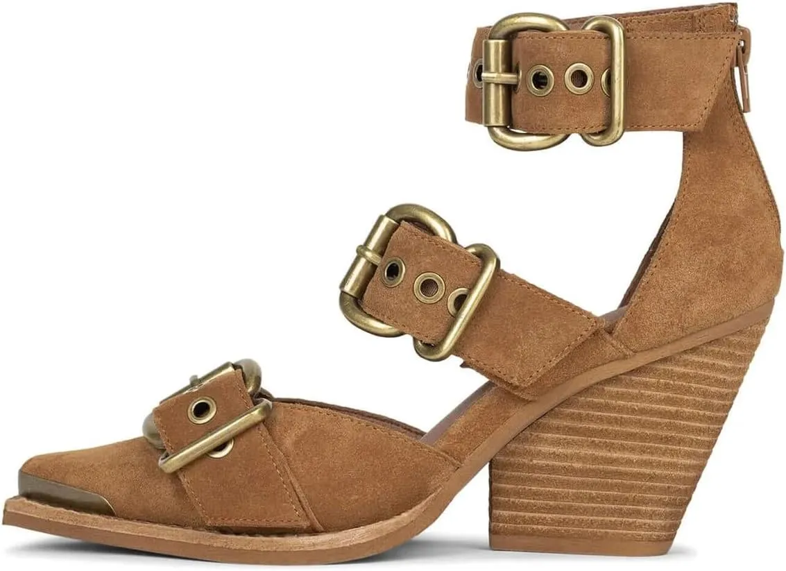 FSJ Women Pointed Toe Metal Buckle Hollow Out Leather Strappy Medium Thick Wedge Stacked Heel Sandal Zipper Fashion Pumps Shoes Size 4-16 US
