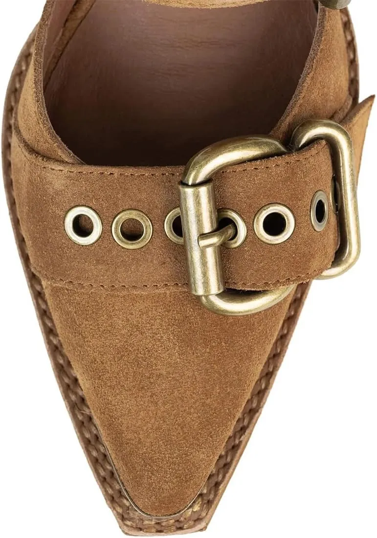 FSJ Women Pointed Toe Metal Buckle Hollow Out Leather Strappy Medium Thick Wedge Stacked Heel Sandal Zipper Fashion Pumps Shoes Size 4-16 US