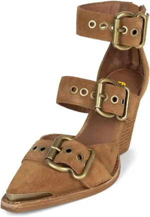 FSJ Women Pointed Toe Metal Buckle Hollow Out Leather Strappy Medium Thick Wedge Stacked Heel Sandal Zipper Fashion Pumps Shoes Size 4-16 US