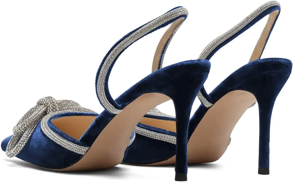 FSJ Women Rhinestones Bow Heeled Sandals Velvet Closed Pointed Toe High Heels Stilettos Slingback Pump Slip On Wedding Bridal Shoes Size 4-15 US