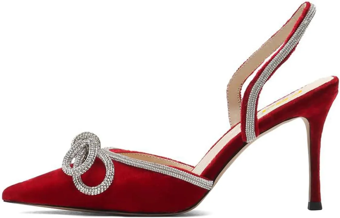 FSJ Women Rhinestones Bow Heeled Sandals Velvet Closed Pointed Toe High Heels Stilettos Slingback Pump Slip On Wedding Bridal Shoes Size 4-15 US