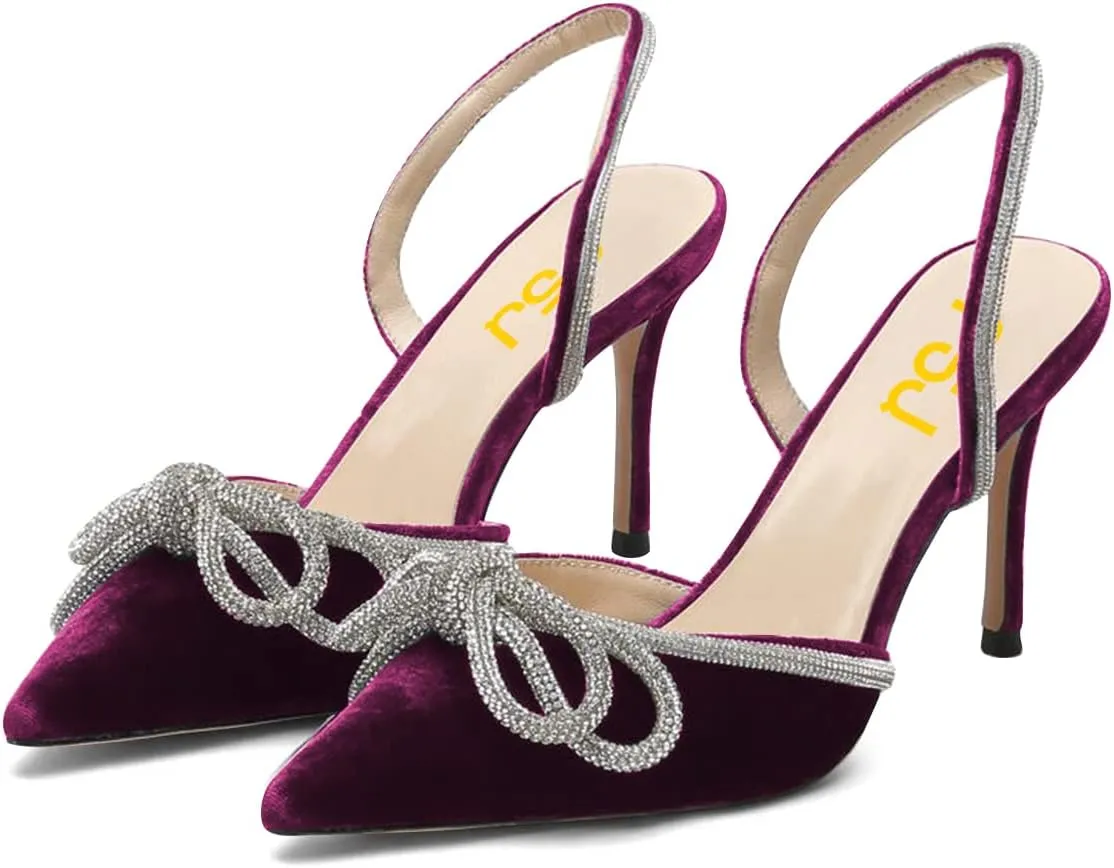 FSJ Women Rhinestones Bow Heeled Sandals Velvet Closed Pointed Toe High Heels Stilettos Slingback Pump Slip On Wedding Bridal Shoes Size 4-15 US