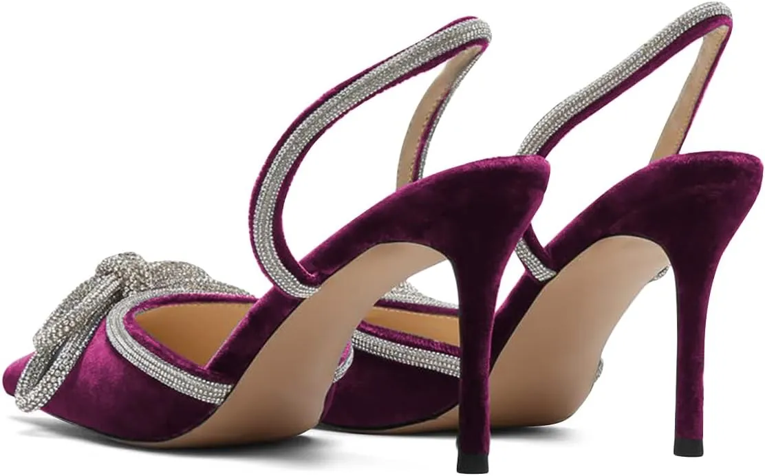 FSJ Women Rhinestones Bow Heeled Sandals Velvet Closed Pointed Toe High Heels Stilettos Slingback Pump Slip On Wedding Bridal Shoes Size 4-15 US