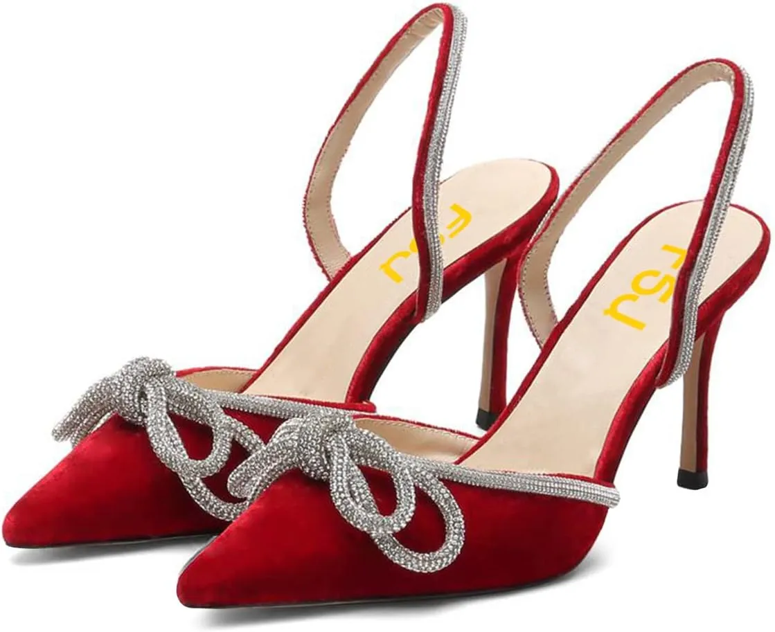 FSJ Women Rhinestones Bow Heeled Sandals Velvet Closed Pointed Toe High Heels Stilettos Slingback Pump Slip On Wedding Bridal Shoes Size 4-15 US