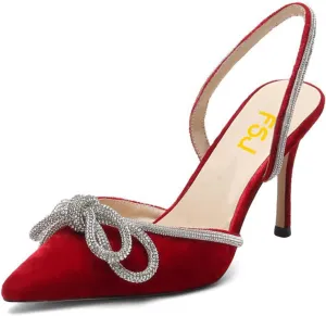FSJ Women Rhinestones Bow Heeled Sandals Velvet Closed Pointed Toe High Heels Stilettos Slingback Pump Slip On Wedding Bridal Shoes Size 4-15 US