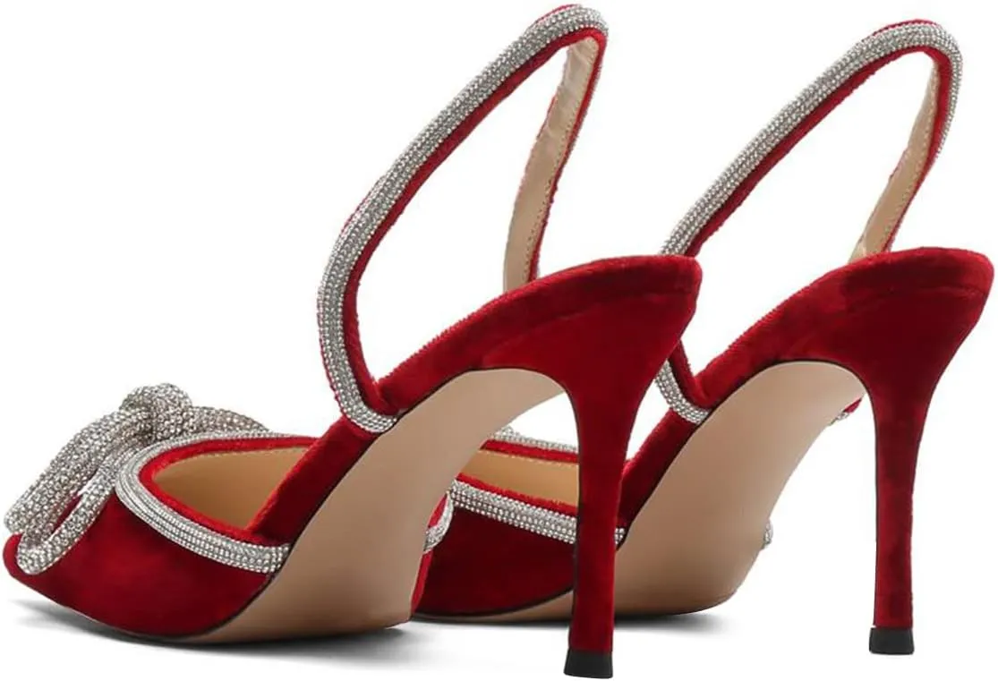 FSJ Women Rhinestones Bow Heeled Sandals Velvet Closed Pointed Toe High Heels Stilettos Slingback Pump Slip On Wedding Bridal Shoes Size 4-15 US