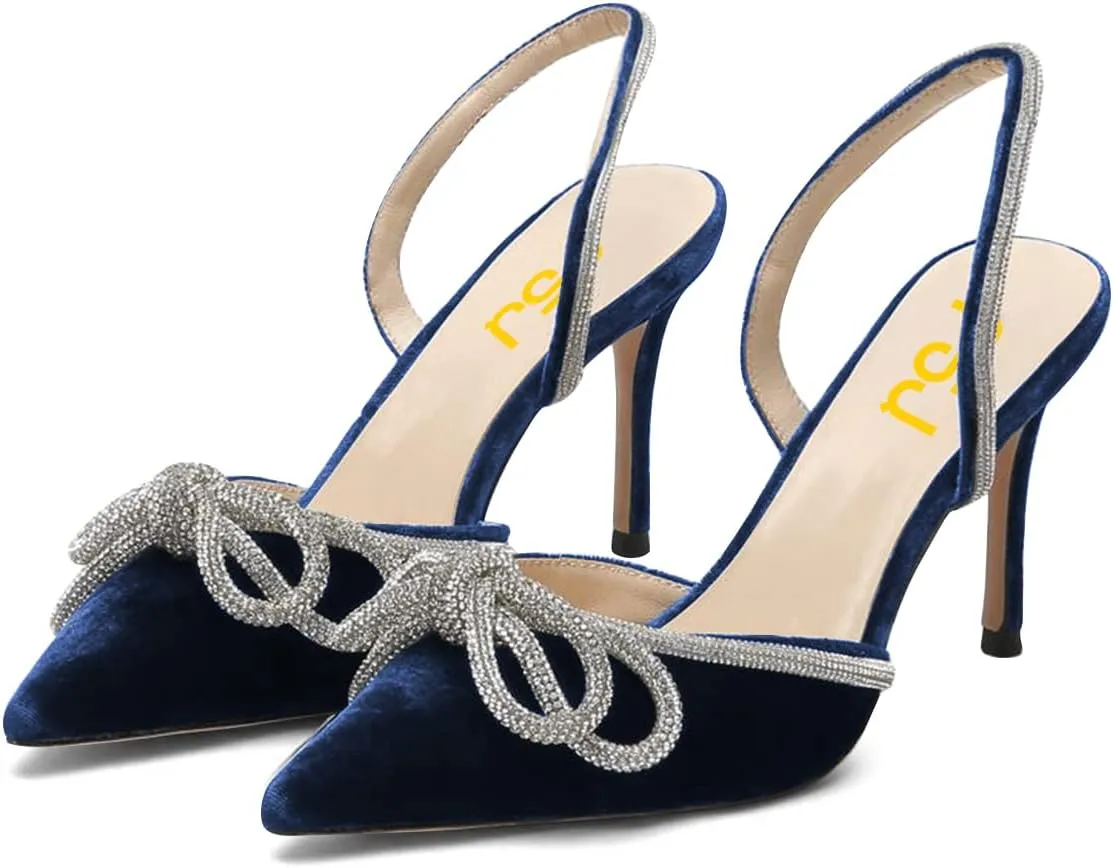 FSJ Women Rhinestones Bow Heeled Sandals Velvet Closed Pointed Toe High Heels Stilettos Slingback Pump Slip On Wedding Bridal Shoes Size 4-15 US