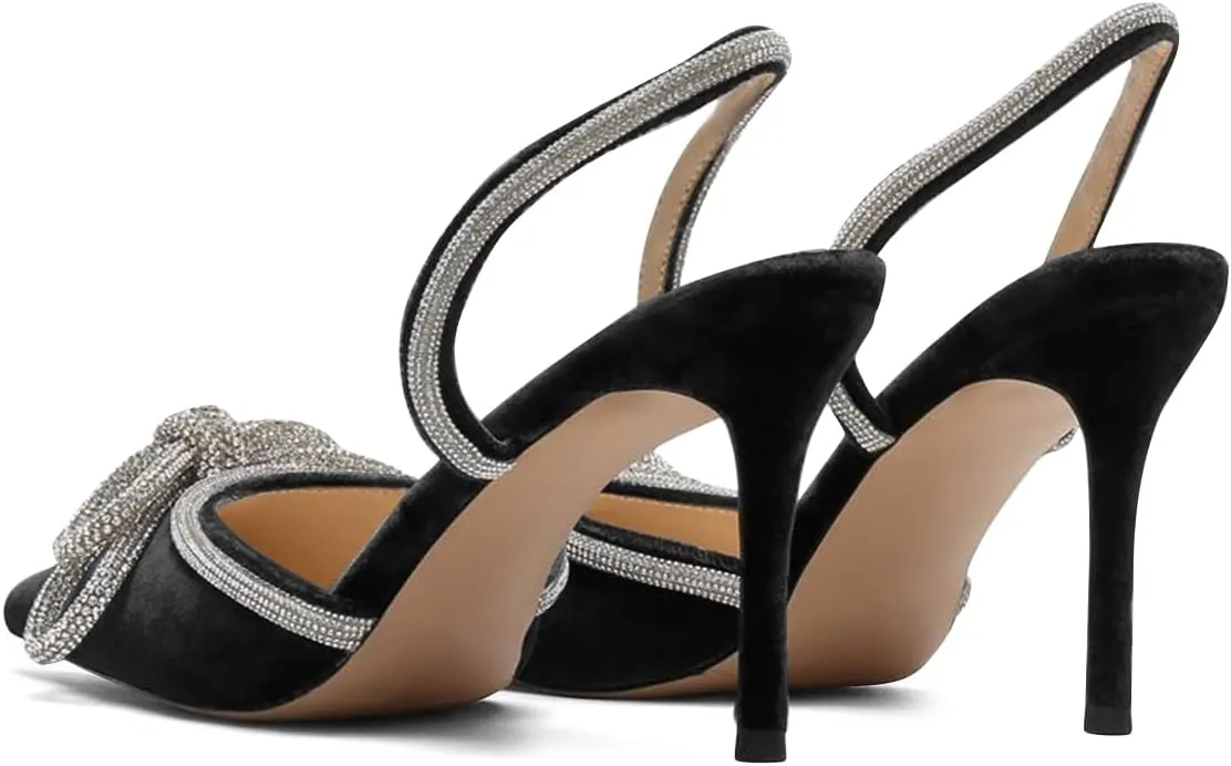 FSJ Women Rhinestones Bow Heeled Sandals Velvet Closed Pointed Toe High Heels Stilettos Slingback Pump Slip On Wedding Bridal Shoes Size 4-15 US