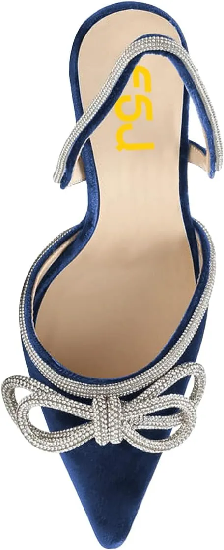 FSJ Women Rhinestones Bow Heeled Sandals Velvet Closed Pointed Toe High Heels Stilettos Slingback Pump Slip On Wedding Bridal Shoes Size 4-15 US