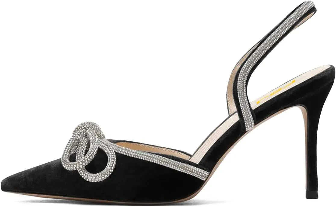 FSJ Women Rhinestones Bow Heeled Sandals Velvet Closed Pointed Toe High Heels Stilettos Slingback Pump Slip On Wedding Bridal Shoes Size 4-15 US