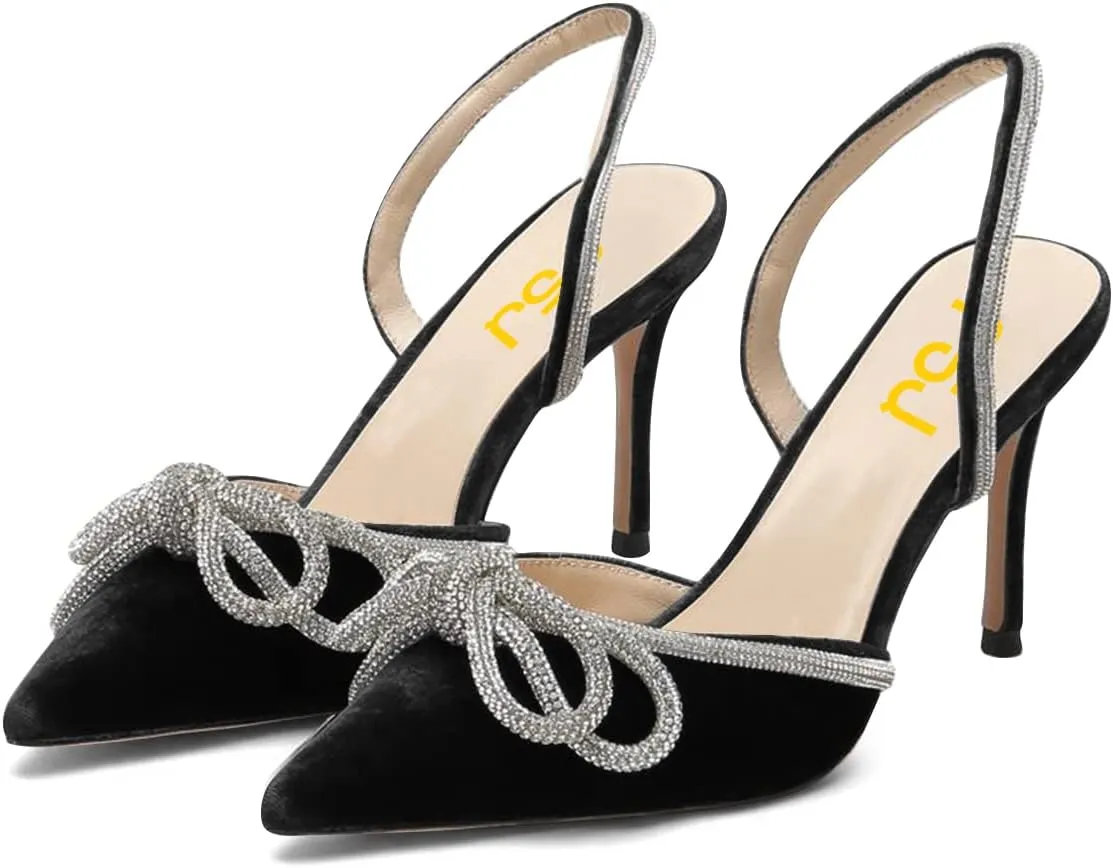 FSJ Women Rhinestones Bow Heeled Sandals Velvet Closed Pointed Toe High Heels Stilettos Slingback Pump Slip On Wedding Bridal Shoes Size 4-15 US