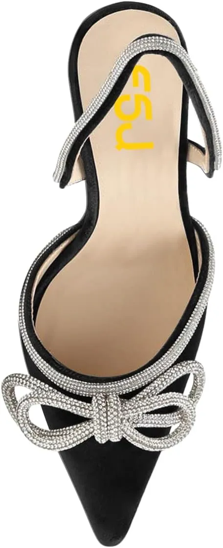 FSJ Women Rhinestones Bow Heeled Sandals Velvet Closed Pointed Toe High Heels Stilettos Slingback Pump Slip On Wedding Bridal Shoes Size 4-15 US
