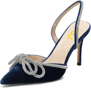 FSJ Women Rhinestones Bow Heeled Sandals Velvet Closed Pointed Toe High Heels Stilettos Slingback Pump Slip On Wedding Bridal Shoes Size 4-15 US