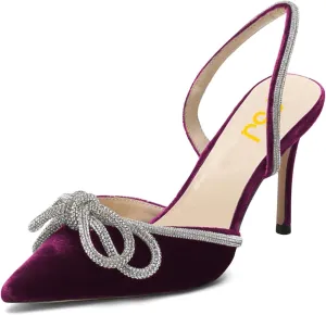 FSJ Women Rhinestones Bow Heeled Sandals Velvet Closed Pointed Toe High Heels Stilettos Slingback Pump Slip On Wedding Bridal Shoes Size 4-15 US