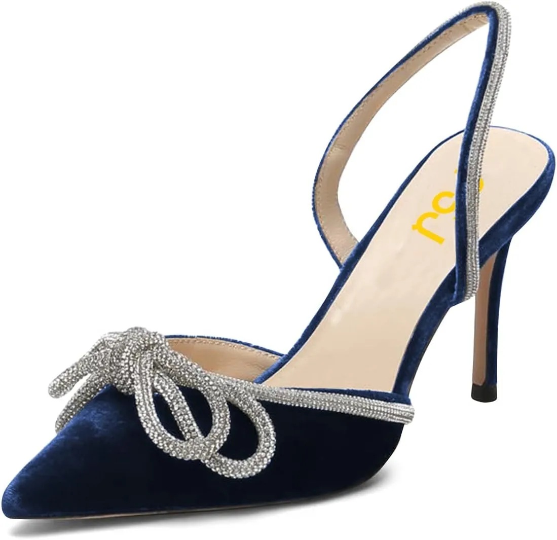 FSJ Women Rhinestones Bow Heeled Sandals Velvet Closed Pointed Toe High Heels Stilettos Slingback Pump Slip On Wedding Bridal Shoes Size 4-15 US