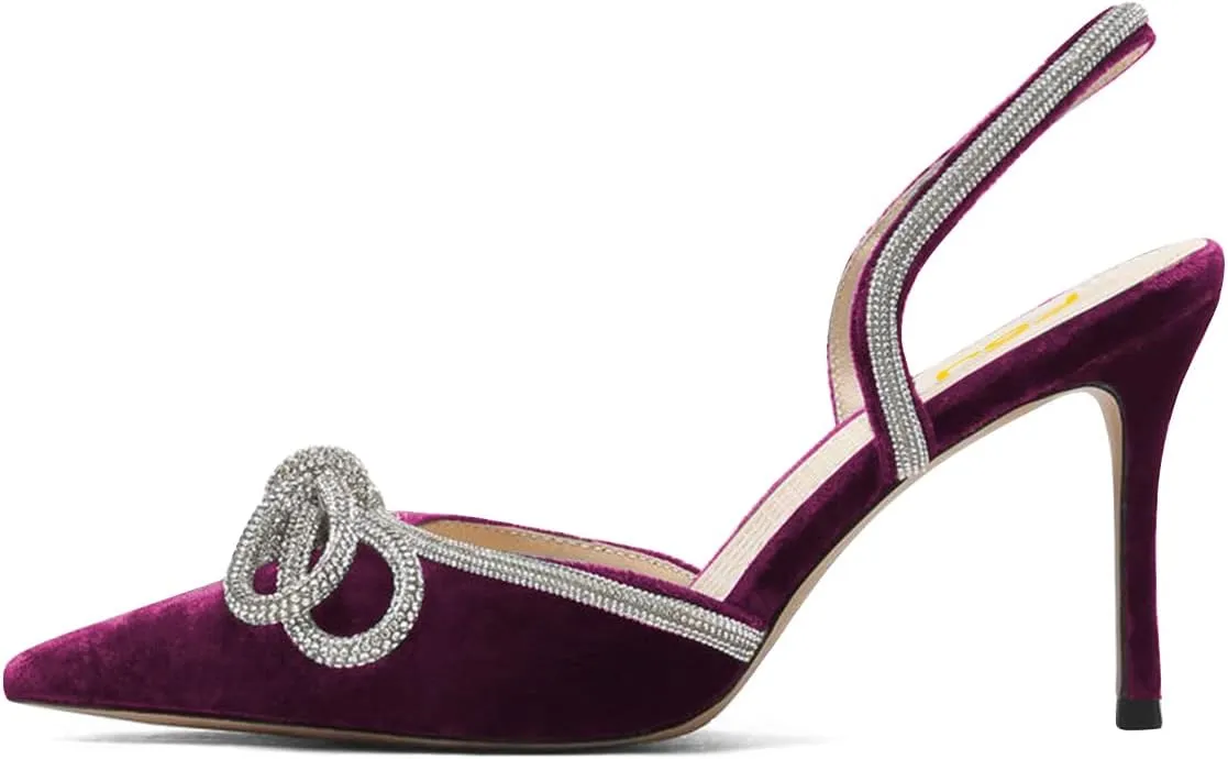 FSJ Women Rhinestones Bow Heeled Sandals Velvet Closed Pointed Toe High Heels Stilettos Slingback Pump Slip On Wedding Bridal Shoes Size 4-15 US