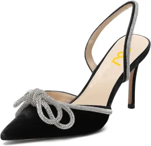 FSJ Women Rhinestones Bow Heeled Sandals Velvet Closed Pointed Toe High Heels Stilettos Slingback Pump Slip On Wedding Bridal Shoes Size 4-15 US