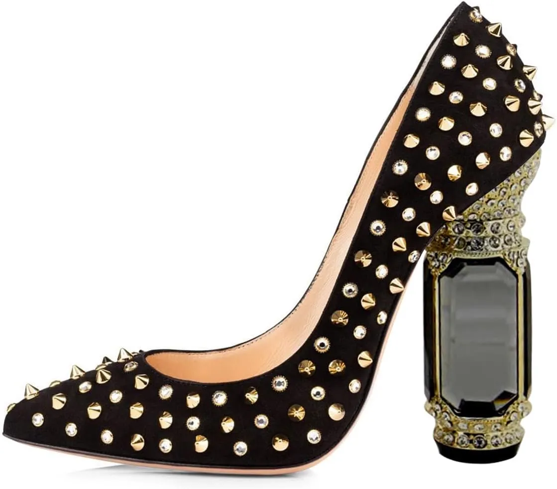 FSJ Women Sexy Studded Rivets Crystal Chunky High Heel Pumps Classic Closed Pointed Toe Slip On Basic Spikes Heel Ladies Party Wedding Shoes Size 4-16 US
