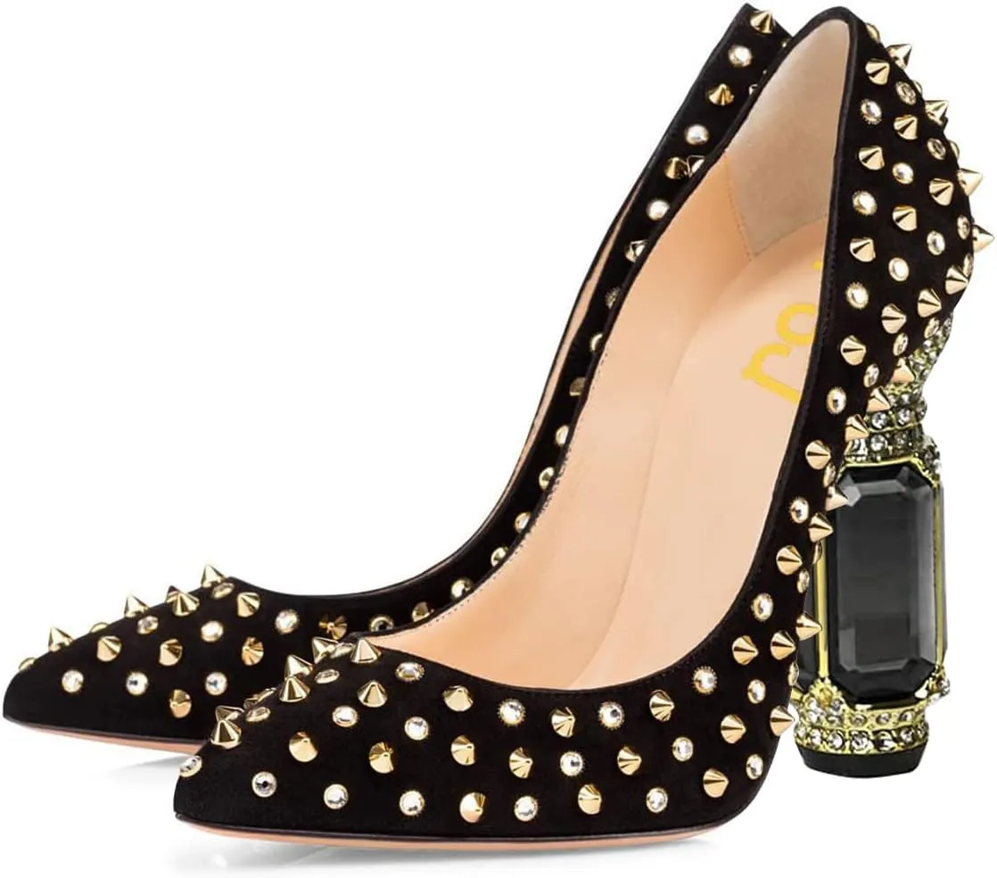 FSJ Women Sexy Studded Rivets Crystal Chunky High Heel Pumps Classic Closed Pointed Toe Slip On Basic Spikes Heel Ladies Party Wedding Shoes Size 4-16 US