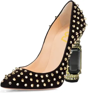 FSJ Women Sexy Studded Rivets Crystal Chunky High Heel Pumps Classic Closed Pointed Toe Slip On Basic Spikes Heel Ladies Party Wedding Shoes Size 4-16 US