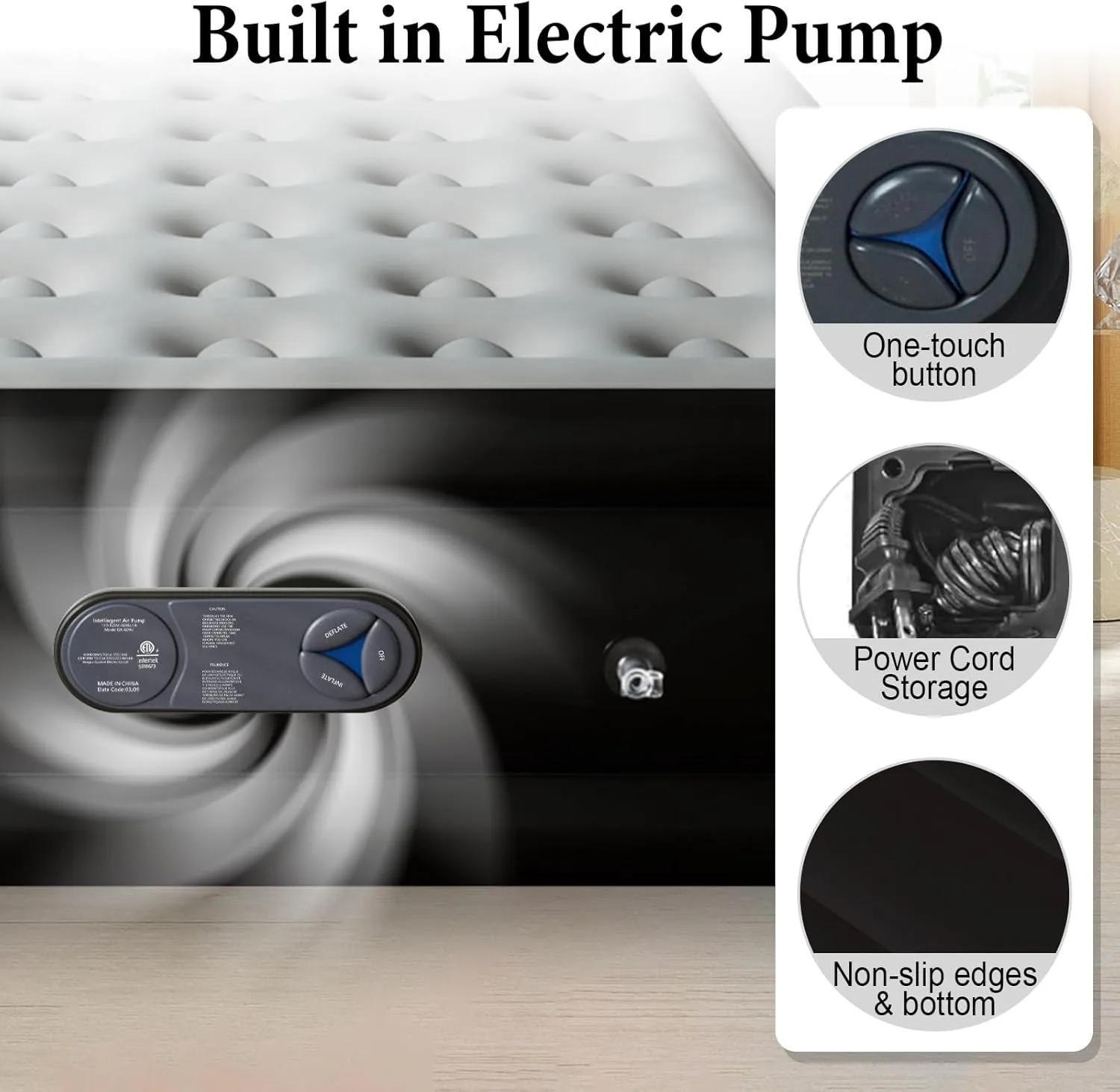 Full Air Mattress with Built in Pump, Inflatable Mattress for Home, Blow up Air Bed 3 Min Quick Inflation and Deflation, Thin Velvet Top, 18'' Full Size Gray