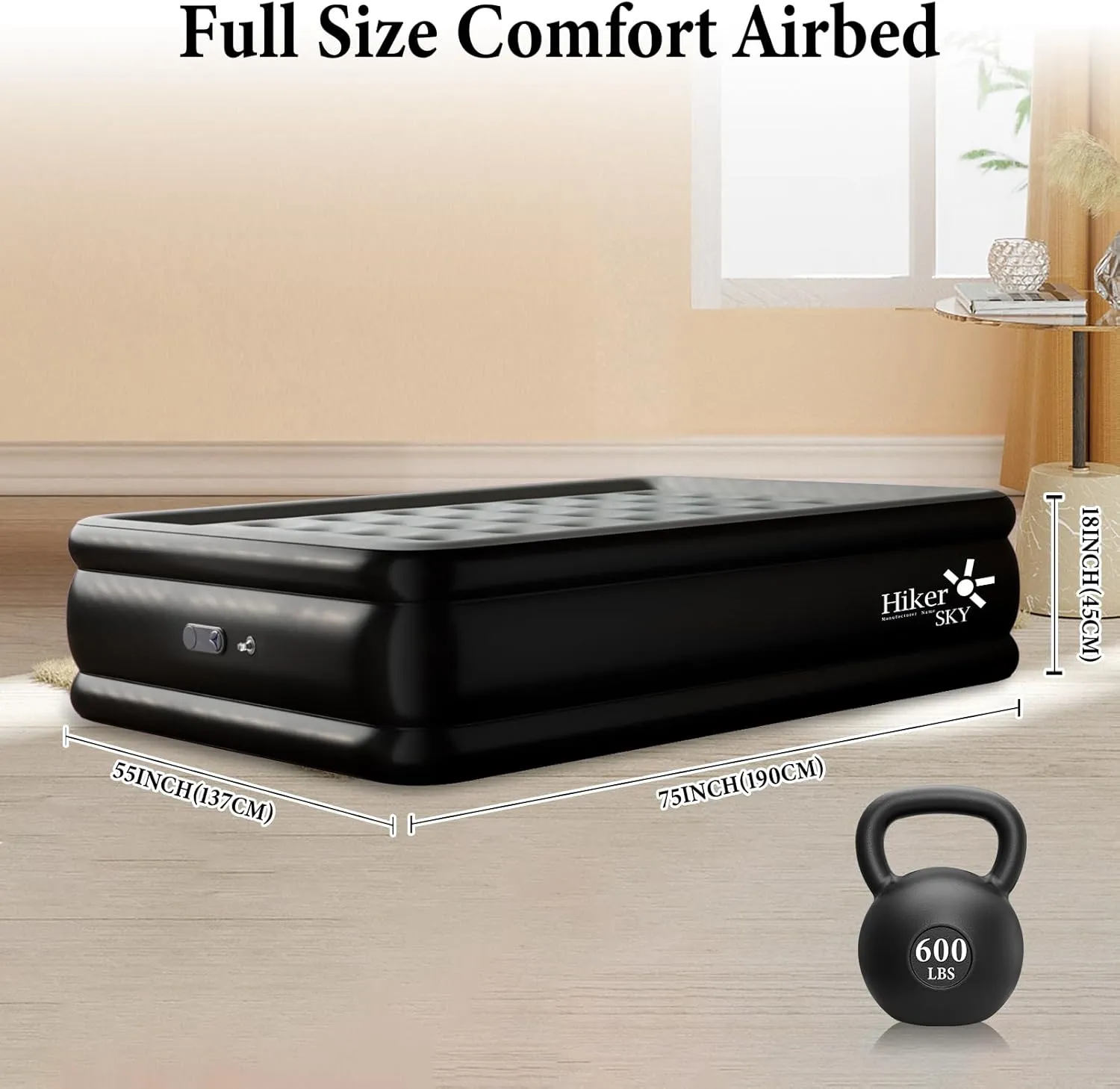 Full Air Mattress with Built in Pump, Inflatable Mattress for Home, Blow up Air Bed 3 Min Quick Inflation and Deflation, Thin Velvet Top, 18'' Full Size Gray