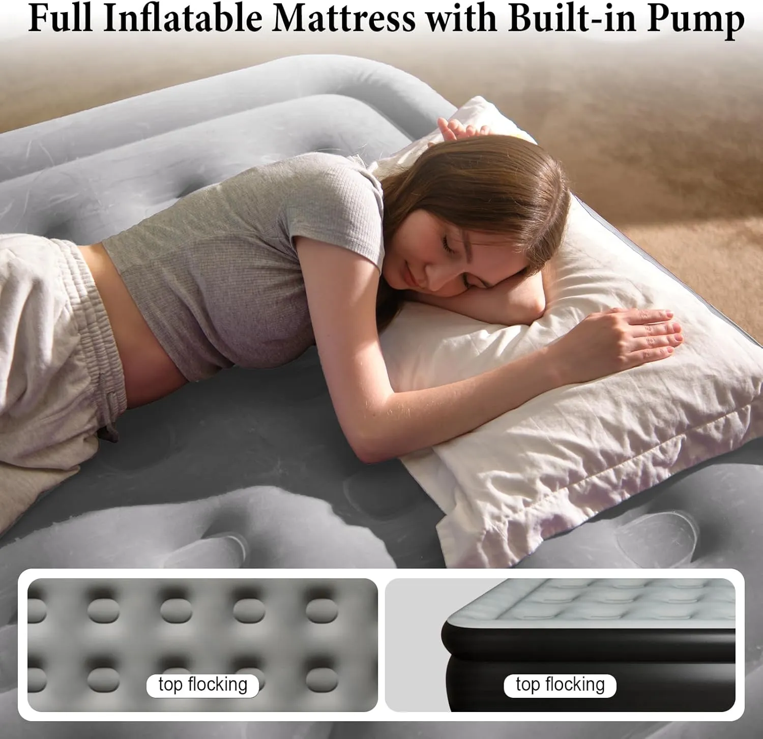 Full Air Mattress with Built in Pump, Inflatable Mattress for Home, Blow up Air Bed 3 Min Quick Inflation and Deflation, Thin Velvet Top, 18'' Full Size Gray