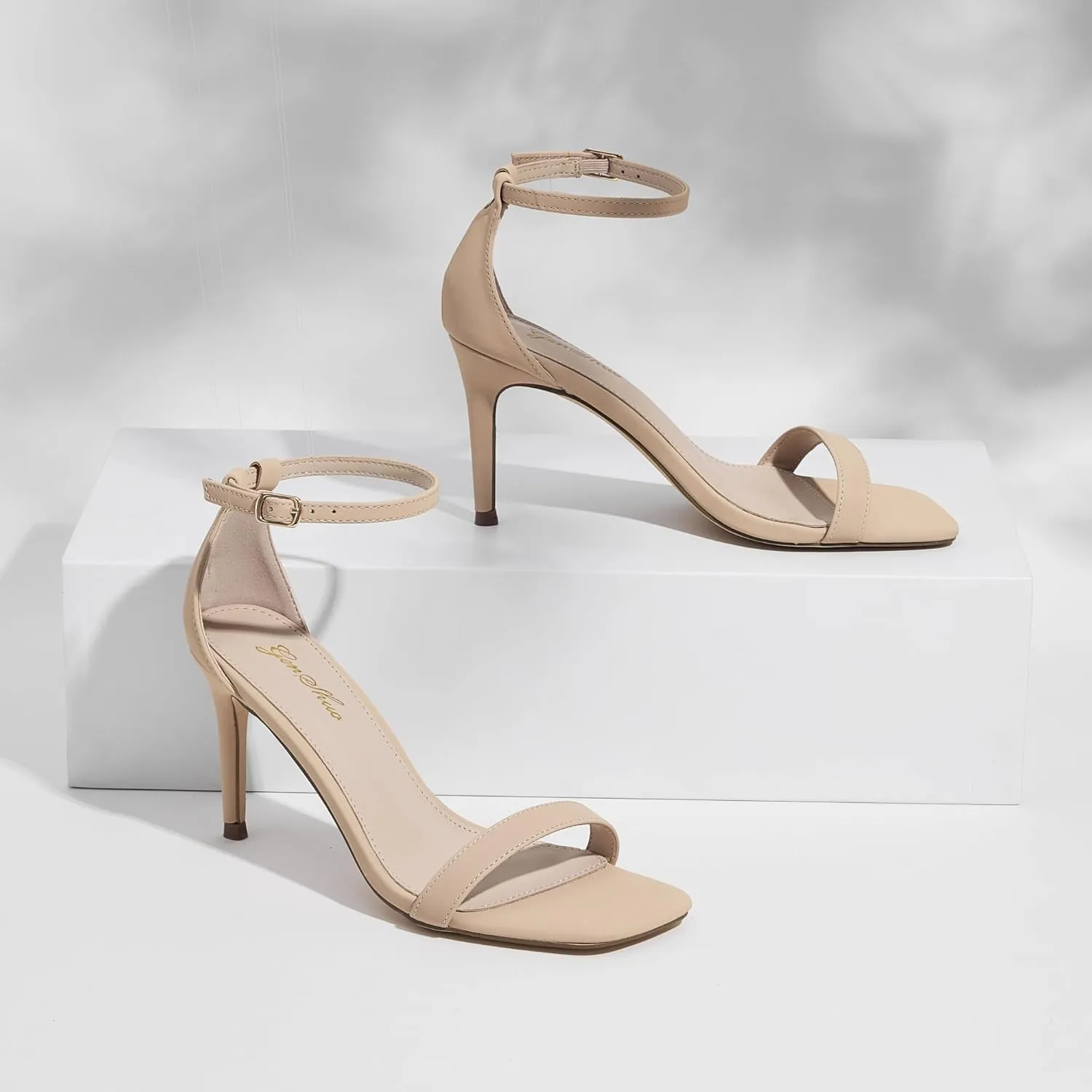 GENSHUO Women's Heeled Sandals Dressy Strappy Stiletto High Heels 3 Inch Square Open Toe Ankle Strap Buckle Sexy Prom Wedding Dress Shoes Ankle Wrap