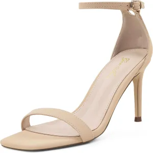 GENSHUO Women's Heeled Sandals Dressy Strappy Stiletto High Heels 3 Inch Square Open Toe Ankle Strap Buckle Sexy Prom Wedding Dress Shoes Ankle Wrap