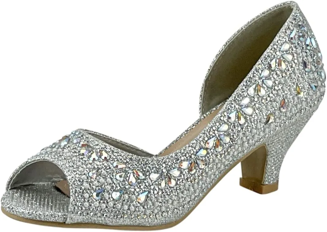 Girls Fashion Kitten Heels - Glittering Rhinestone Dress Shoes for Kids - Peep Toe Low Pump Sandals for Fancy Events - Great for Weddings, Pageants, Church, and More
