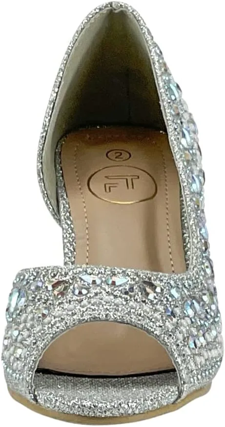 Girls Fashion Kitten Heels - Glittering Rhinestone Dress Shoes for Kids - Peep Toe Low Pump Sandals for Fancy Events - Great for Weddings, Pageants, Church, and More