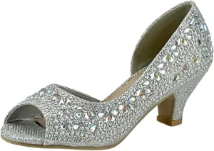 Girls Fashion Kitten Heels - Glittering Rhinestone Dress Shoes for Kids - Peep Toe Low Pump Sandals for Fancy Events - Great for Weddings, Pageants, Church, and More