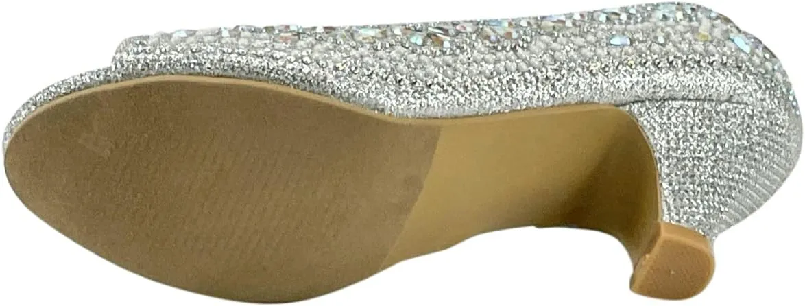 Girls Fashion Kitten Heels - Glittering Rhinestone Dress Shoes for Kids - Peep Toe Low Pump Sandals for Fancy Events - Great for Weddings, Pageants, Church, and More