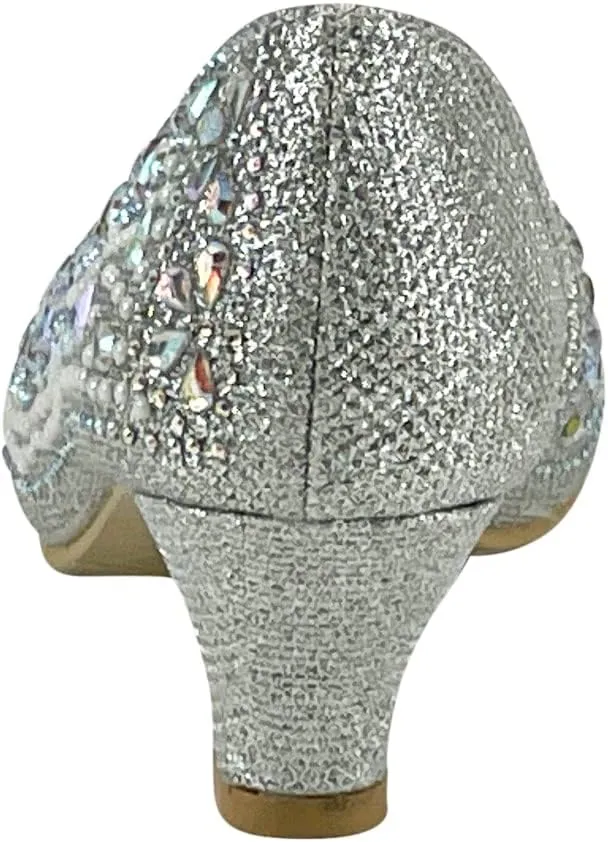 Girls Fashion Kitten Heels - Glittering Rhinestone Dress Shoes for Kids - Peep Toe Low Pump Sandals for Fancy Events - Great for Weddings, Pageants, Church, and More