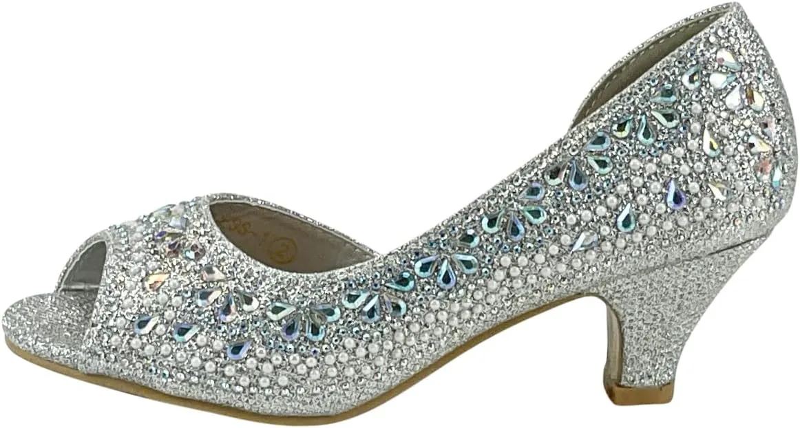Girls Fashion Kitten Heels - Glittering Rhinestone Dress Shoes for Kids - Peep Toe Low Pump Sandals for Fancy Events - Great for Weddings, Pageants, Church, and More