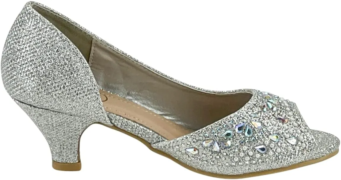 Girls Fashion Kitten Heels - Glittering Rhinestone Dress Shoes for Kids - Peep Toe Low Pump Sandals for Fancy Events - Great for Weddings, Pageants, Church, and More
