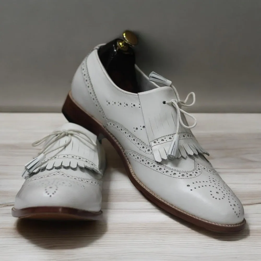 Handmade Men's Black &White Fringe Shoes, Leather Wing Tip Lace Up Shoes