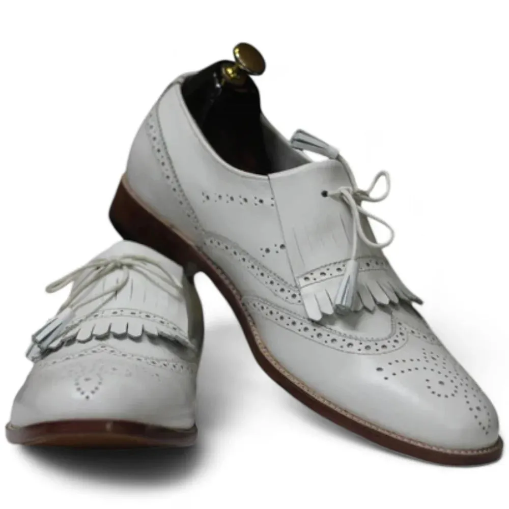 Handmade Men's Black &White Fringe Shoes, Leather Wing Tip Lace Up Shoes