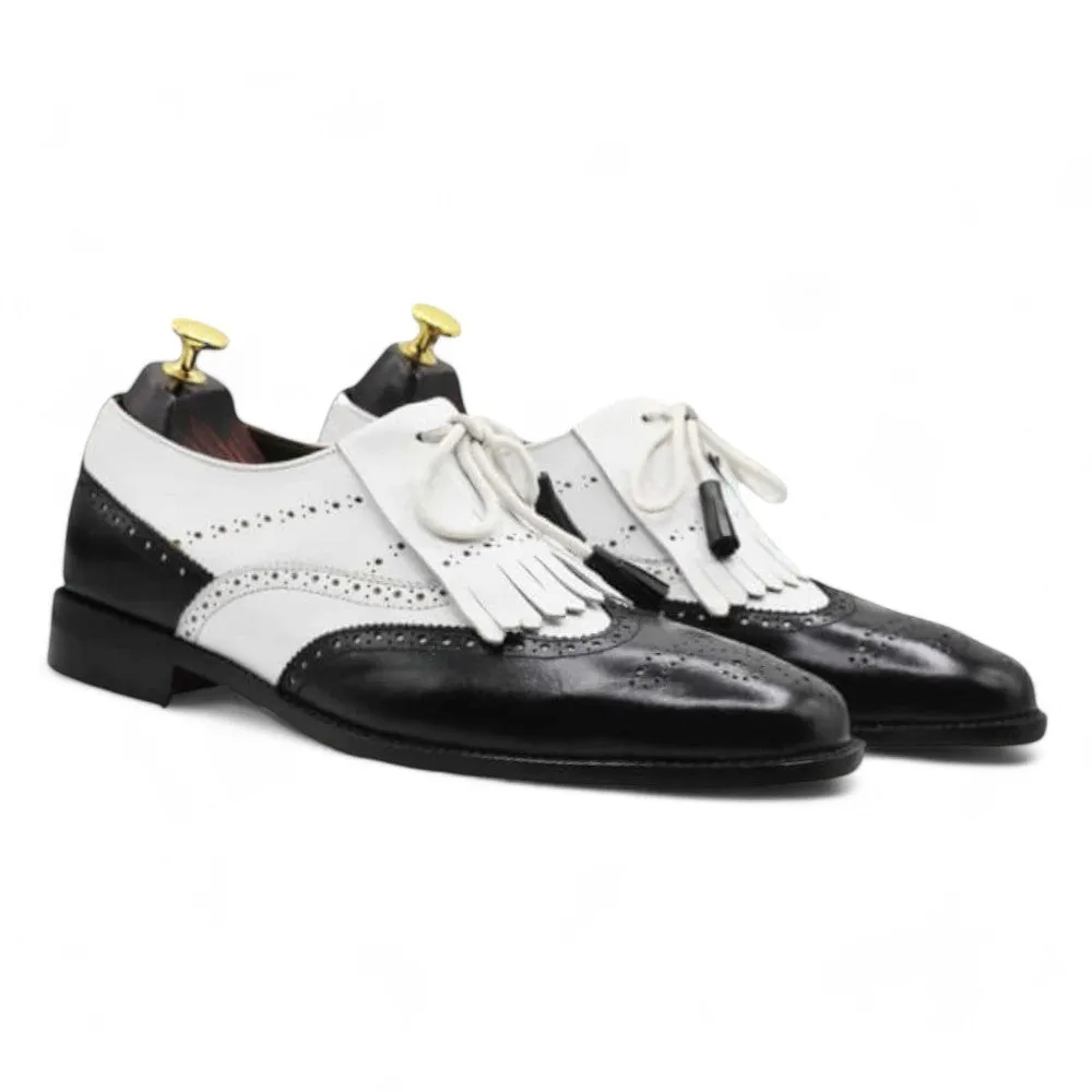 Handmade Men's Black &White Fringe Shoes, Leather Wing Tip Lace Up Shoes