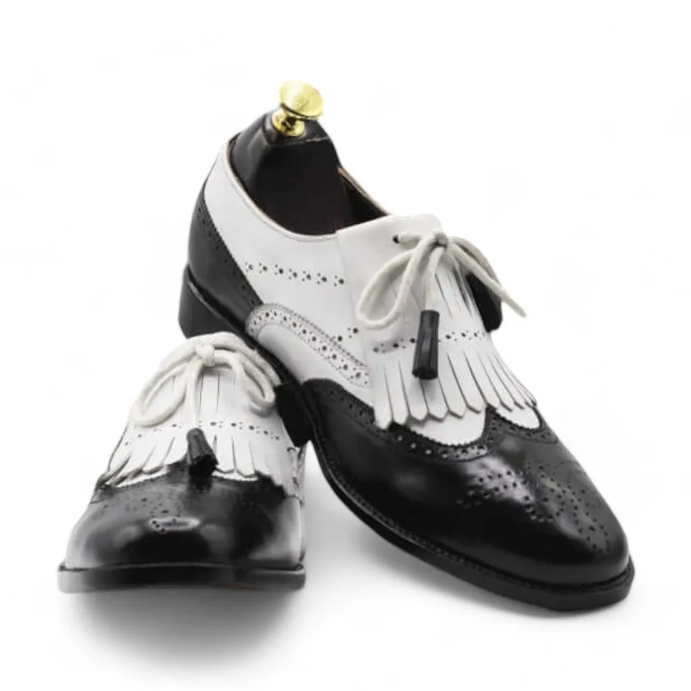 Handmade Men's Black &White Fringe Shoes, Leather Wing Tip Lace Up Shoes