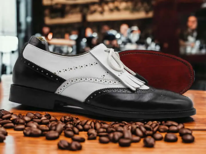 Handmade Men's Black &White Fringe Shoes, Leather Wing Tip Lace Up Shoes