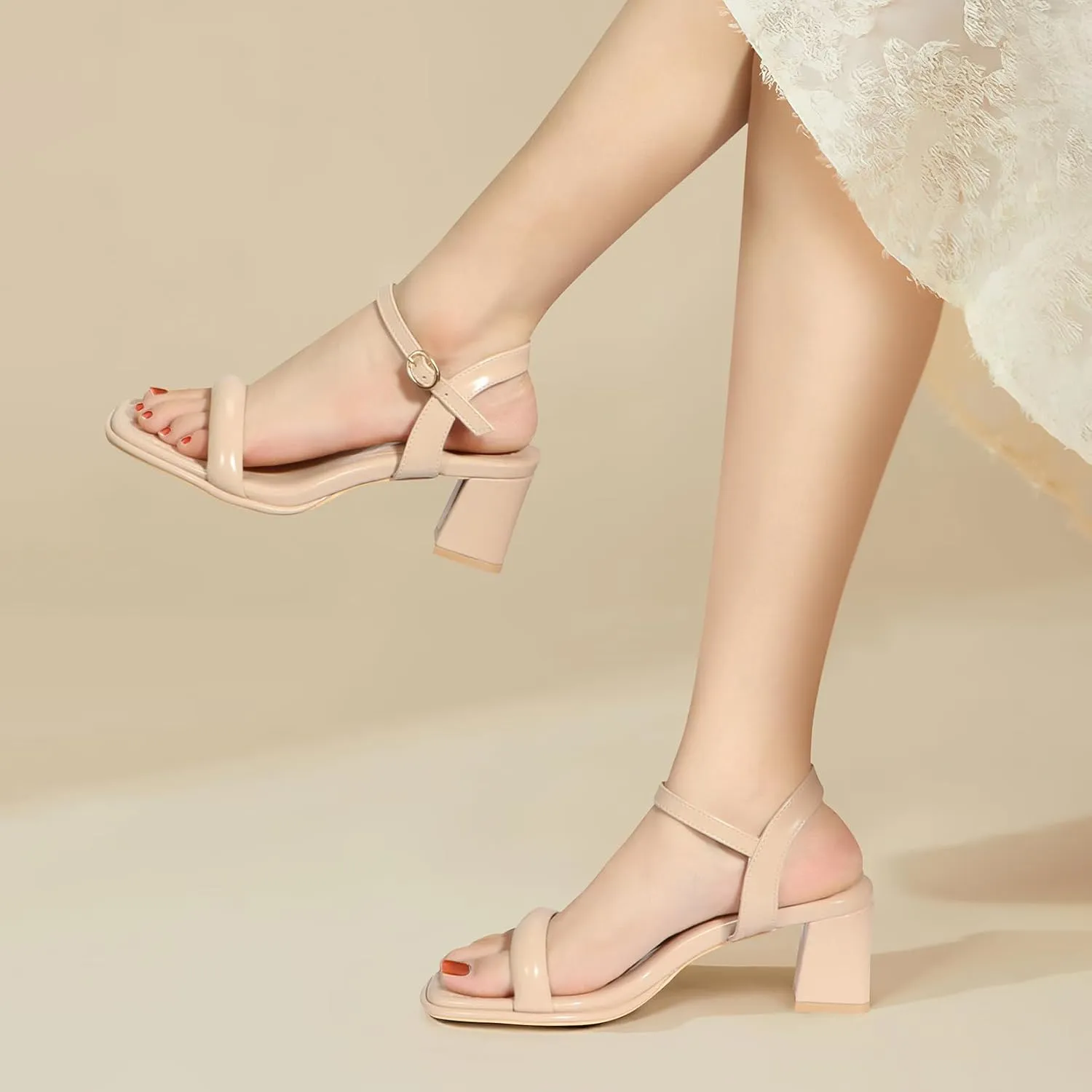 Heels Charm Women's Chunky Block Heeled Sandals 2.56 Inches Open Toe Ankle Strap Block High Heel Sandal Dress Dancing Sandals Daily Work Party Shoes