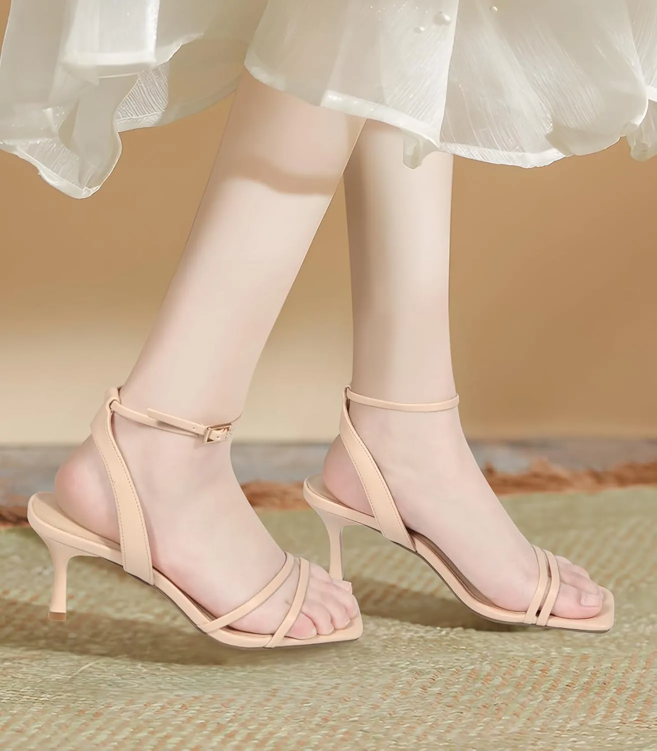 Heels Charm Women's Stiletto Heeled Sandals 2.95 Inches Open Toe Square Toe Two Straps Ankle Strap Strappy High Heel Sandal Dress Dancing Sandals Daily Work Party Wedding Shoes