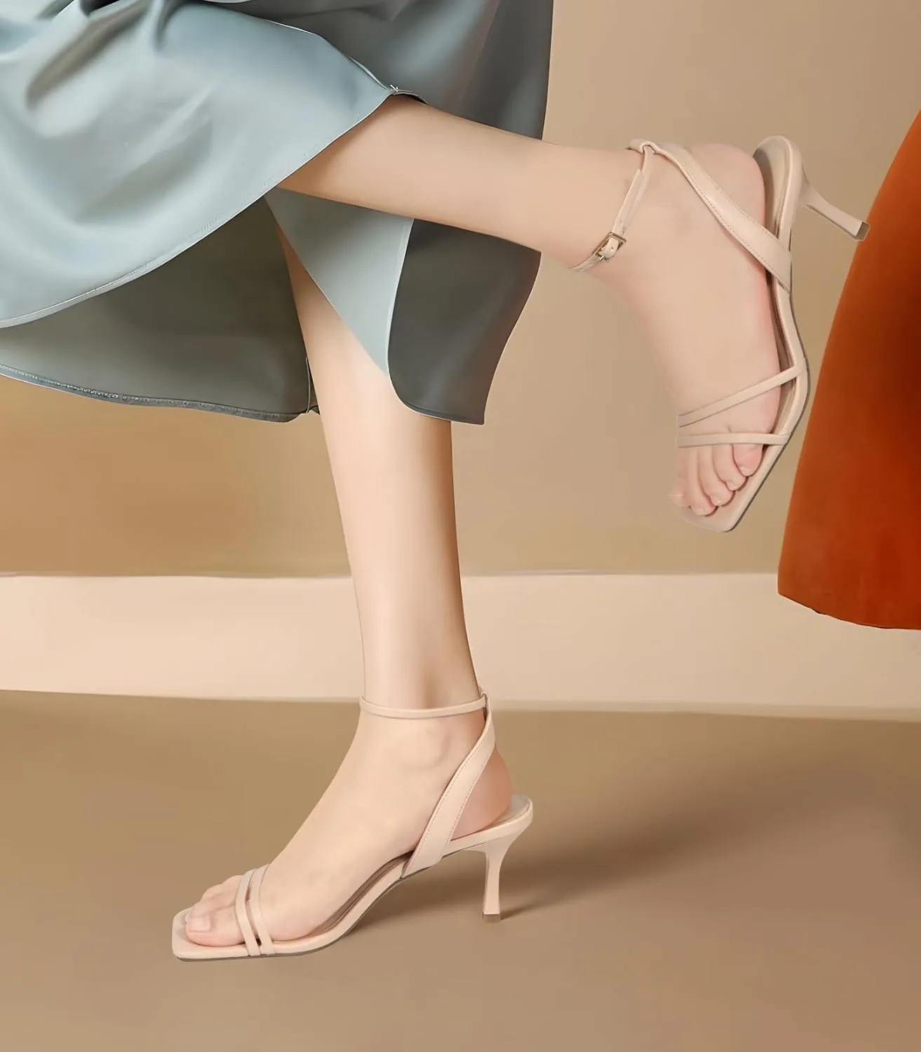Heels Charm Women's Stiletto Heeled Sandals 2.95 Inches Open Toe Square Toe Two Straps Ankle Strap Strappy High Heel Sandal Dress Dancing Sandals Daily Work Party Wedding Shoes