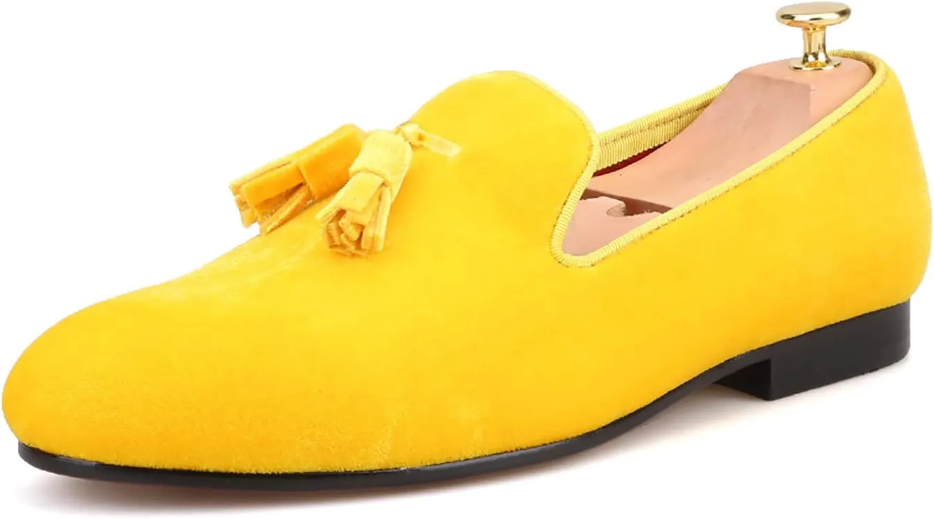 HI&HANN Tassel Men's Velvet Loafer Shoes Slip-on Loafer Round Toes Smoking Slipper