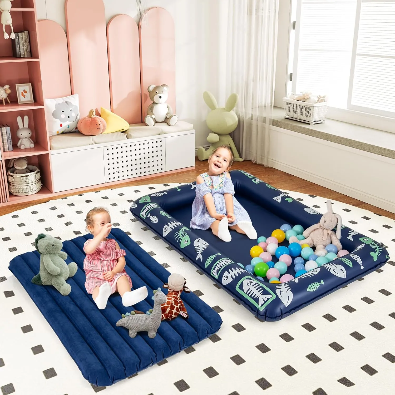 HONEY JOY Inflatable Toddler Travel Bed, Kids Blow Up Air Mattress with Sides, Includes Air Pump, Travel Bag, Repair Kit, Portable Toddler Bed for Travel with Safety Bumpers (Blue)