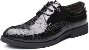 HOOENG Dress Oxford Shoes for Men Lace Up Crocodile Embossed Round Toe Derby Shoes Patent Leather Low Top Rubber Sole Block Heel Non Slip Resistant Prom (Color : Black, Size : 6.5)